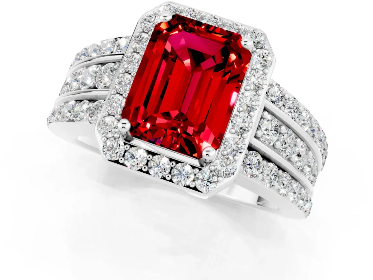 Emerald Cut Halo Ruby Ring with Round Split Shank and Prong Setting White gold