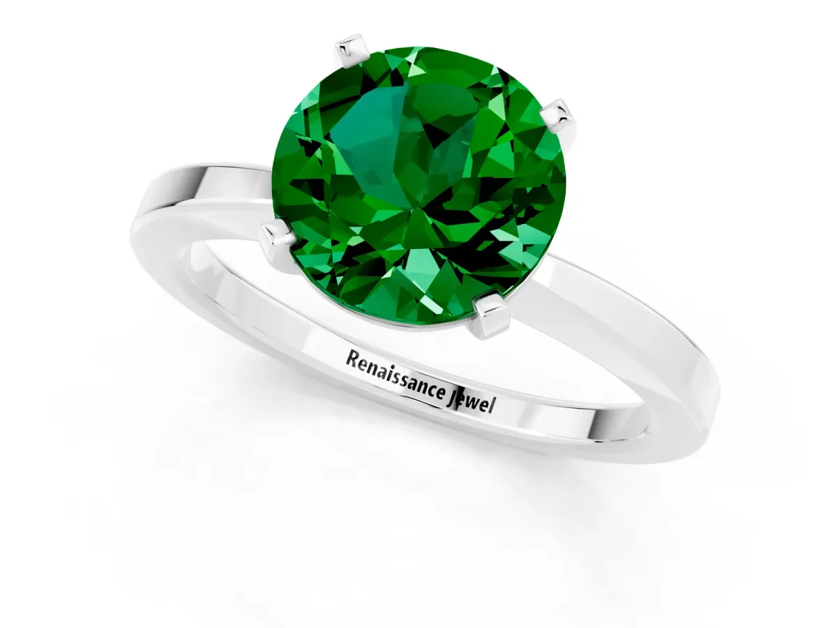 Round Cut Emerald Solitaire Engagement Ring with Classic Band and Four-Prong Setting Platinum