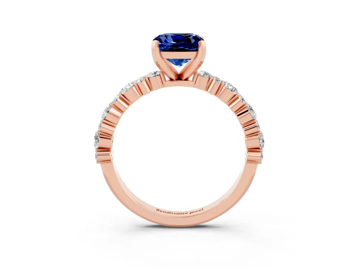 Cushion Cut Blue Sapphire Side Stone Solitaire Ring with Round and Four-Prong Setting Rose gold