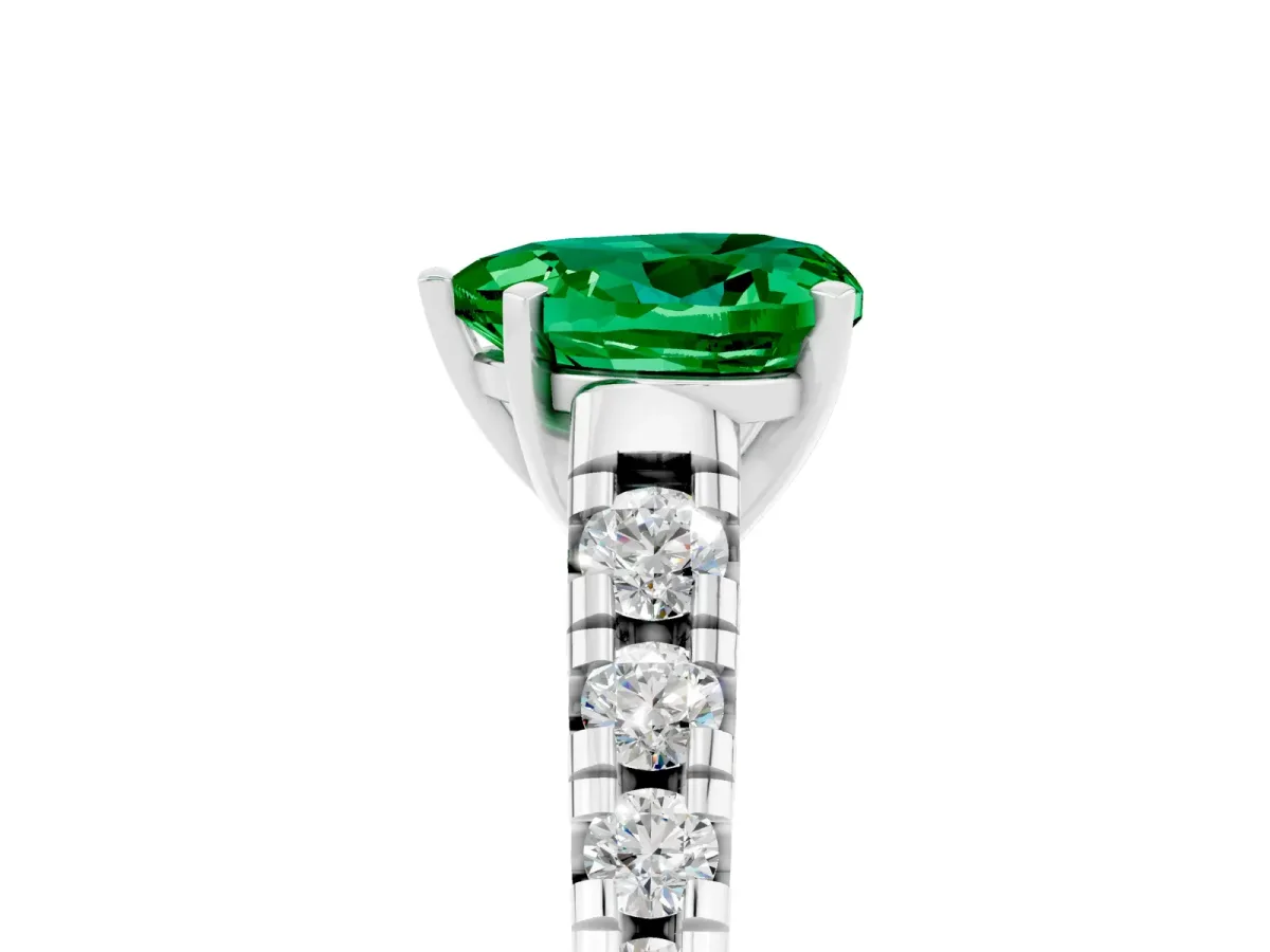 Heart Cut Emerald Cathedral Solitaire Ring with Round Pavé Band White gold
