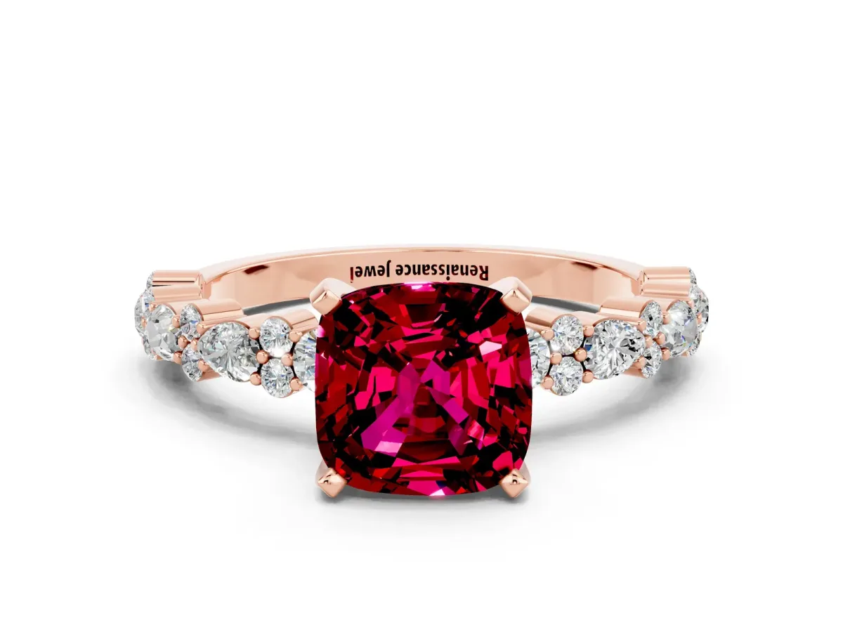 Cushion Cut Garnet Side Stone Solitaire Ring with Round and Four-Prong Setting Rose gold