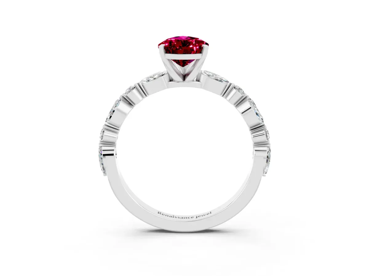Pear Cut Garnet Ring with Marquise and Round Side Stones and Four-Prong Setting Silver