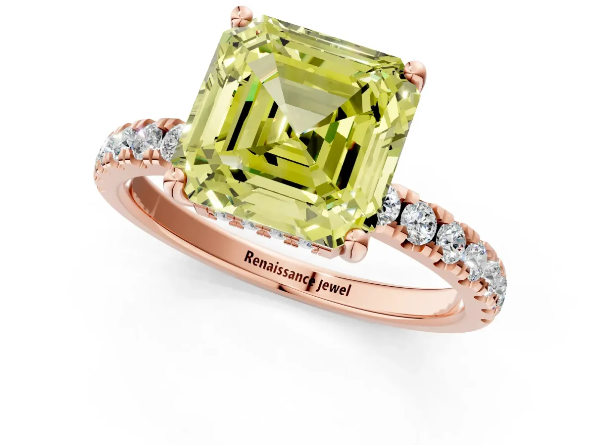 Fancy Yellow Asscher Cut Diamond Pave Band Solitaire Ring with Round and Prong Setting Rose gold