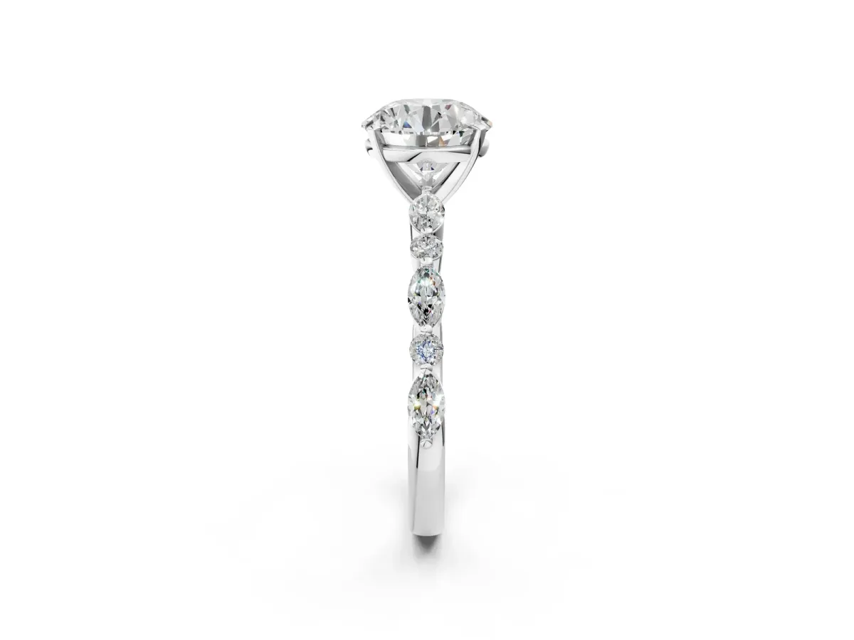 Round Cut Diamond Ring with Marquise and Round Side Stones and Four-Prong Setting White gold