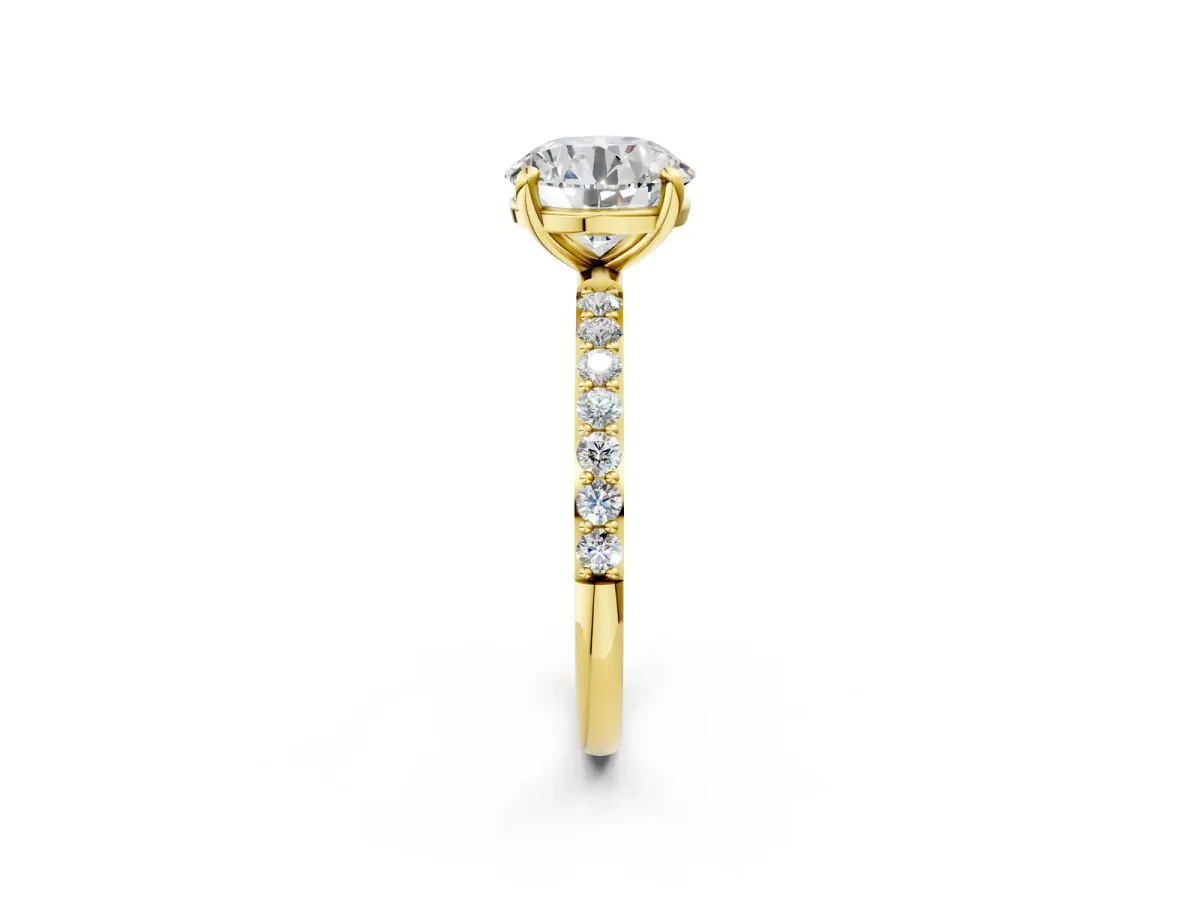 Round Cut Diamond Solitaire Ring with Round Pavé Band and Prong Setting Yellow gold