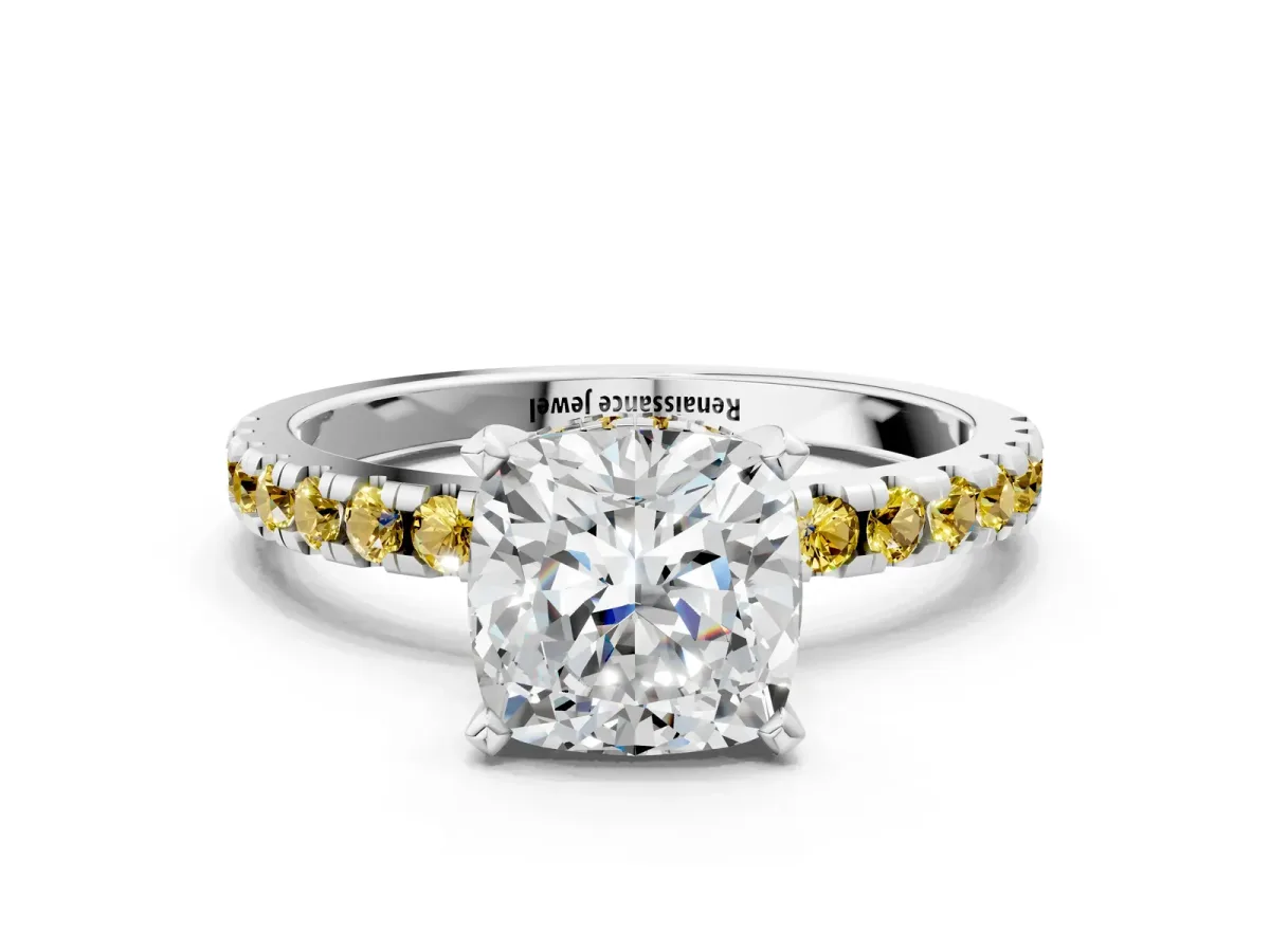 Cushion Cut Diamond Solitaire Ring with Round Yellow Sapphire Pavé Band and Four-Prong Setting Silver
