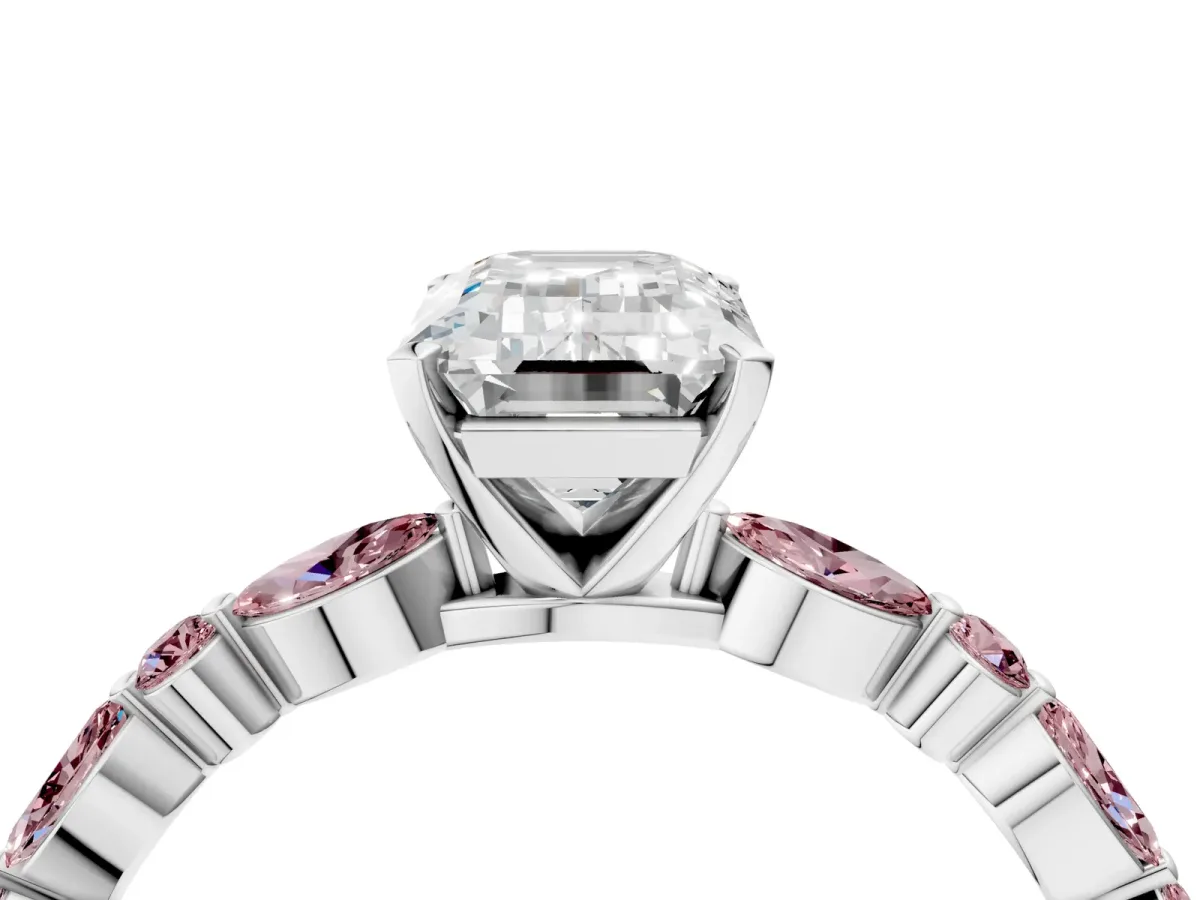 Emerald Cut Diamond Ring with Marquise and Round Morganite Side Stones and Four-Prong Setting Silver