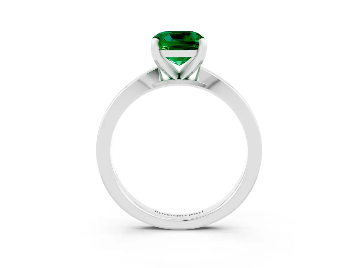 Cushion Cut Emerald Solitaire Engagement Ring with Classic Band and Four-Prong Setting White gold