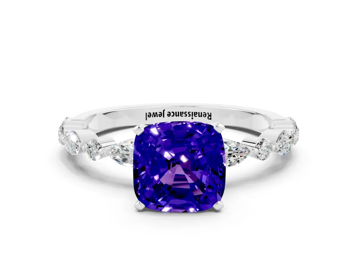 Cushion Cut Tanzanite Ring with Marquise and Round Side Stones and Four-Prong Setting Silver