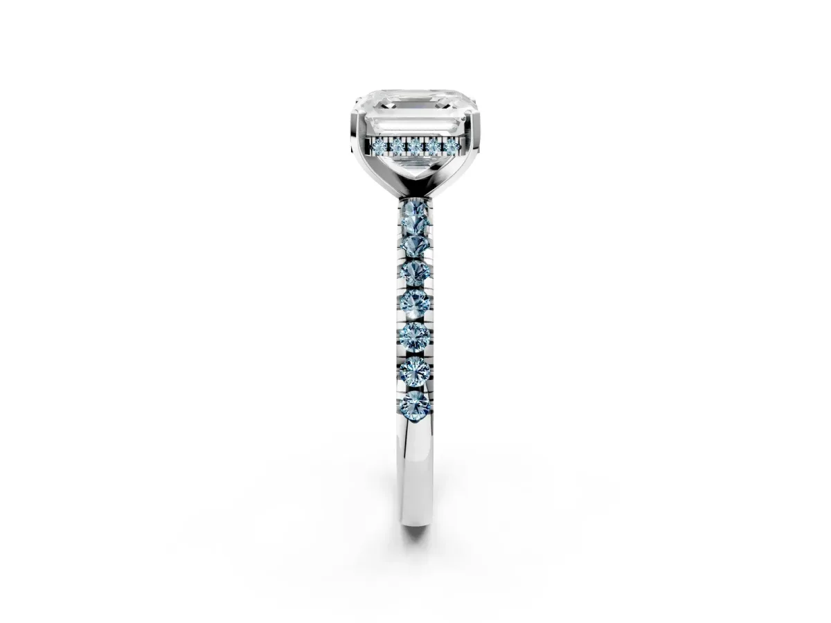 Asscher Cut Diamond Solitaire Ring with Round Aquamarine Pavé Band and Four-Prong Setting Silver