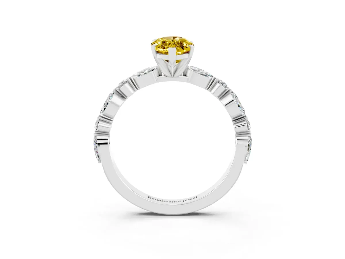 Marquise Cut Yellow Sapphire Ring with Marquise and Round Side Stones and Four-Prong Setting Silver