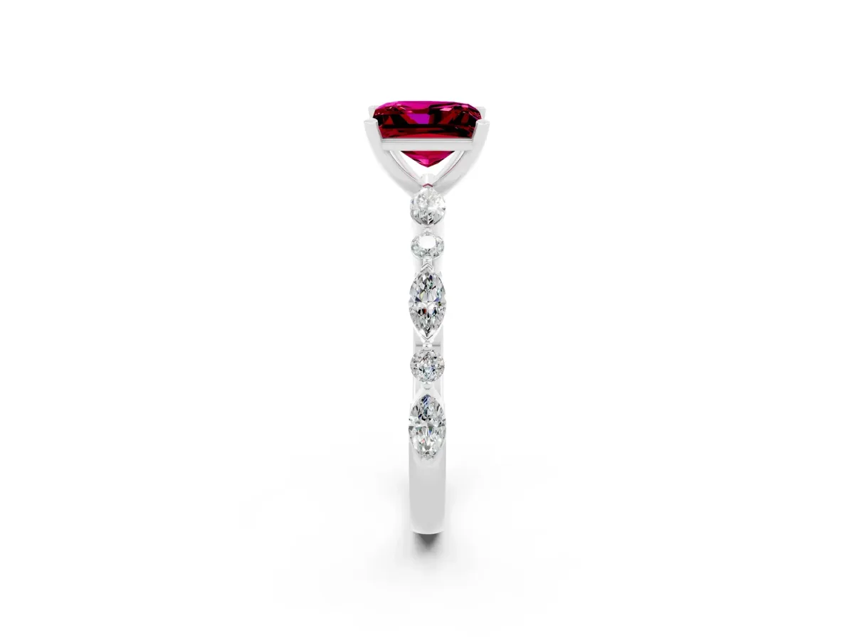 Princess Cut Garnet Ring with Marquise and Round Side Stones and Four-Prong Setting Silver