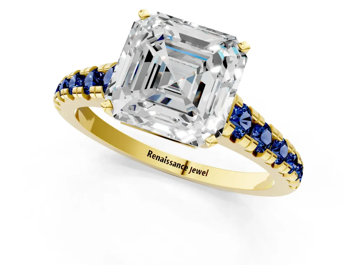 Asscher Cut Diamond Cathedral Solitaire Ring with Round Blue Sapphire Pavé Band Yellow gold