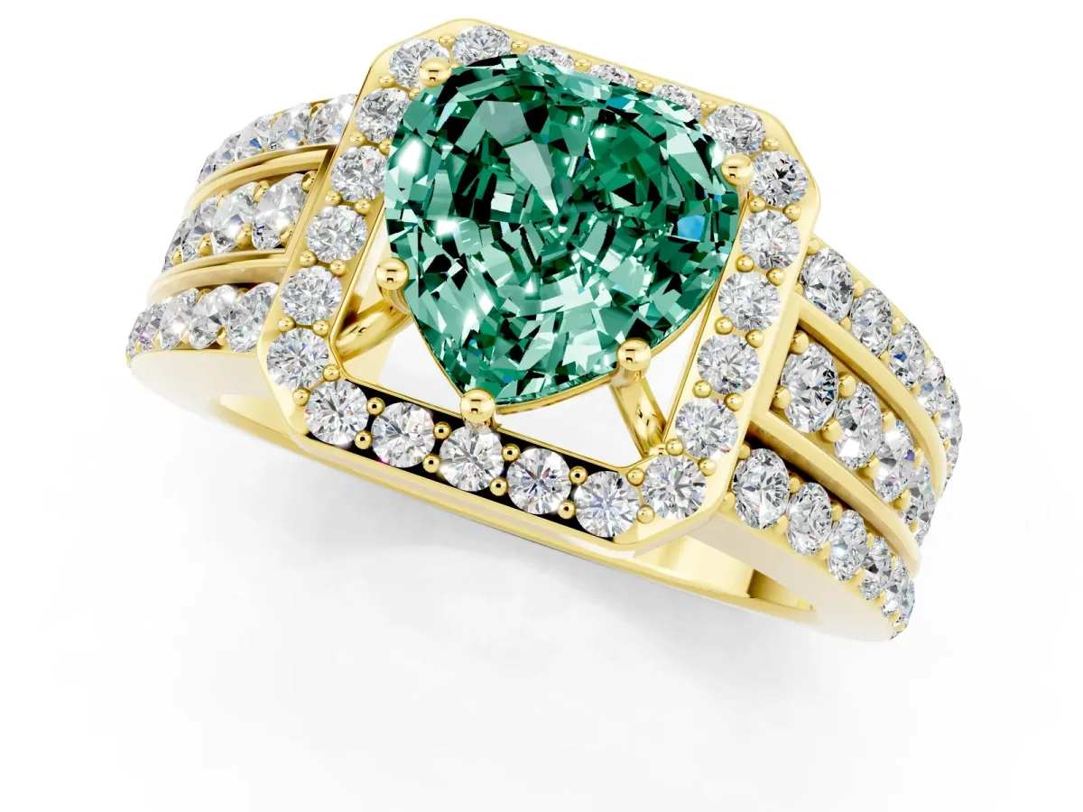 Heart Cut Halo Green Sapphire Ring with Round Split Shank and Prong Setting Yellow gold