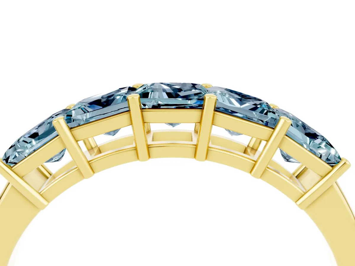 Princess Cut Five-Stone Aquamarine Band with Prong Setting Yellow gold