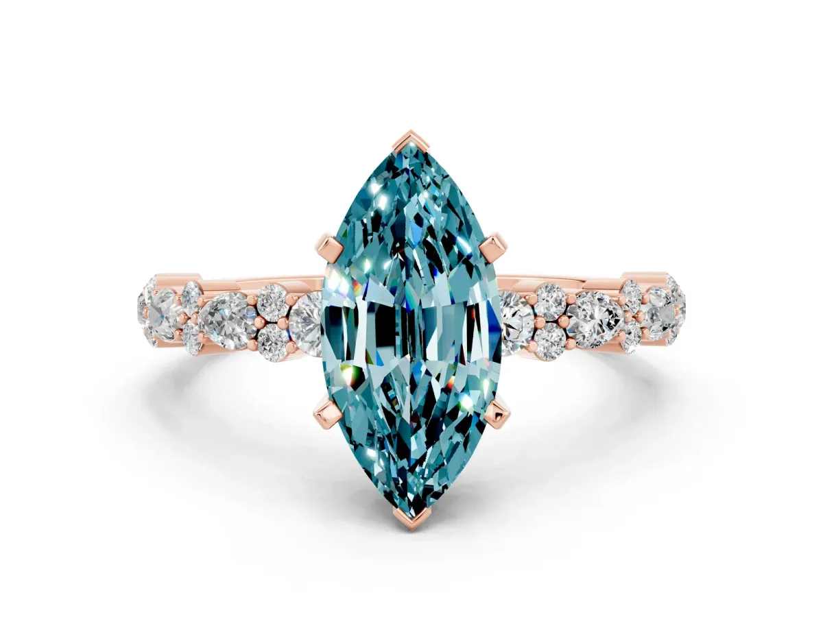 Marquise Cut Blue Topaz Side Stone Solitaire Ring with Round and Four-Prong Setting Rose gold