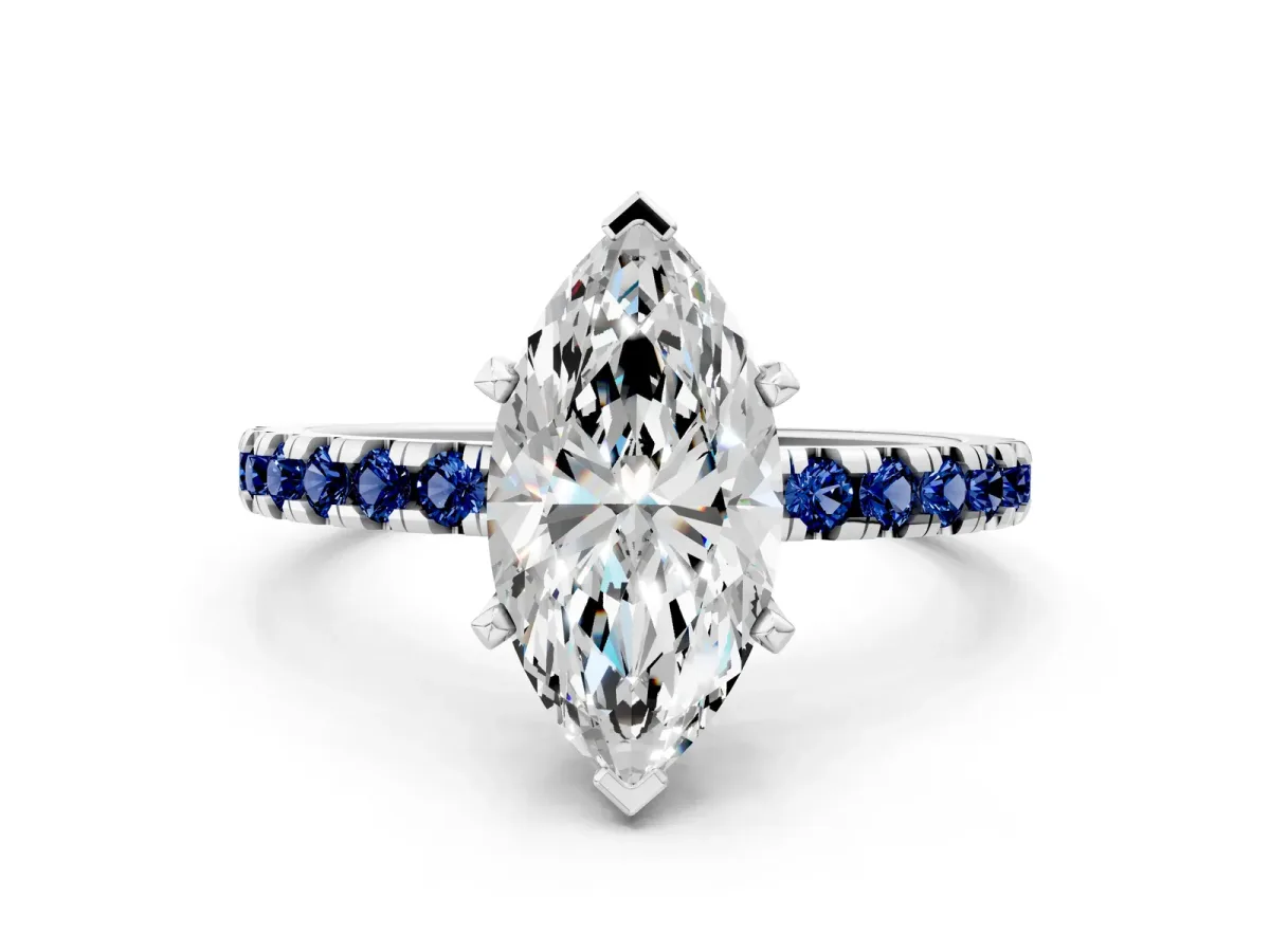 Marquise Cut Diamond Solitaire Ring with Round Blue Sapphire Pavé Band and Four-Prong Setting Silver