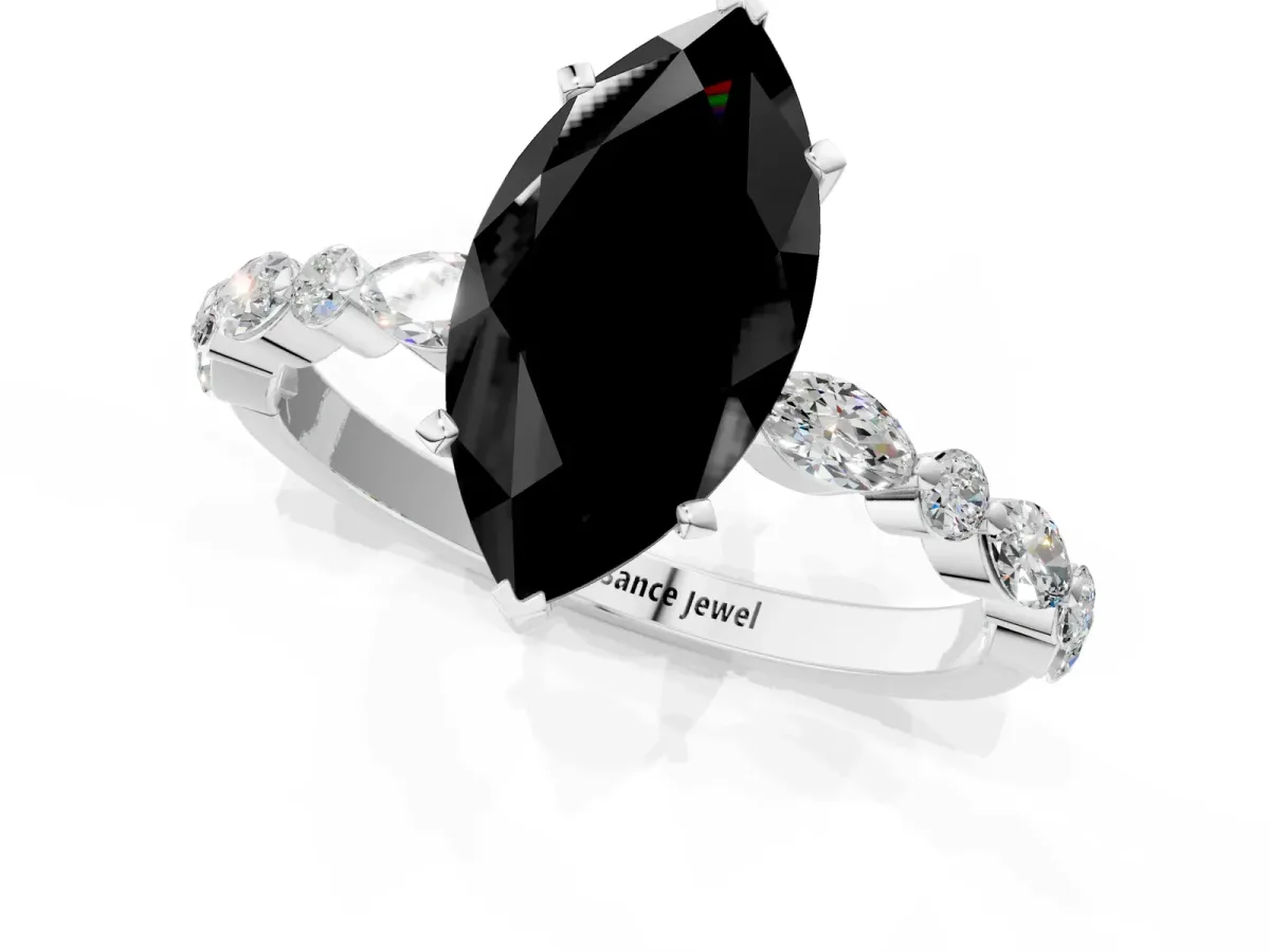 Fancy Black Marquise Cut Diamond Ring with Marquise and Round Side Stones and Four-Prong Setting Silver