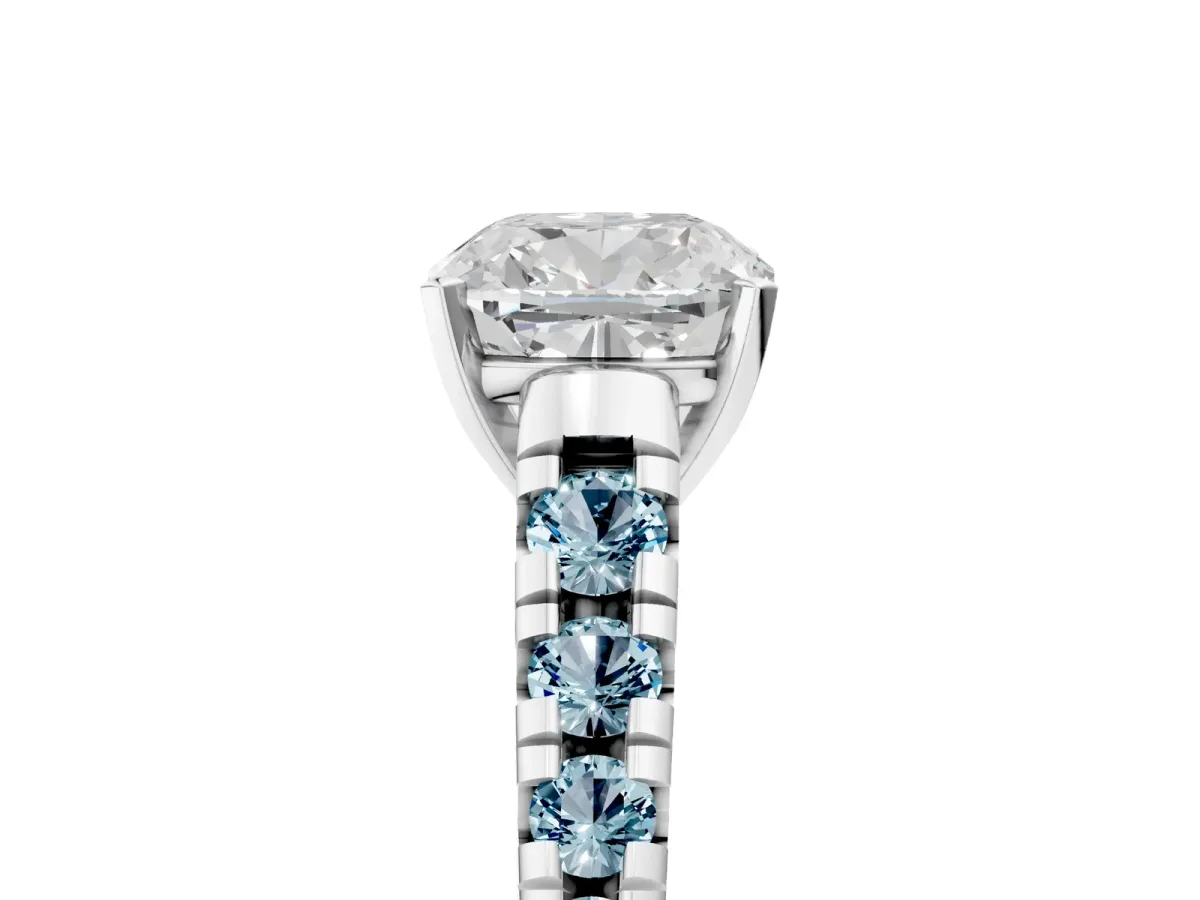 Cushion Cut Diamond Cathedral Solitaire Ring with Round Aquamarine Pavé Band Silver