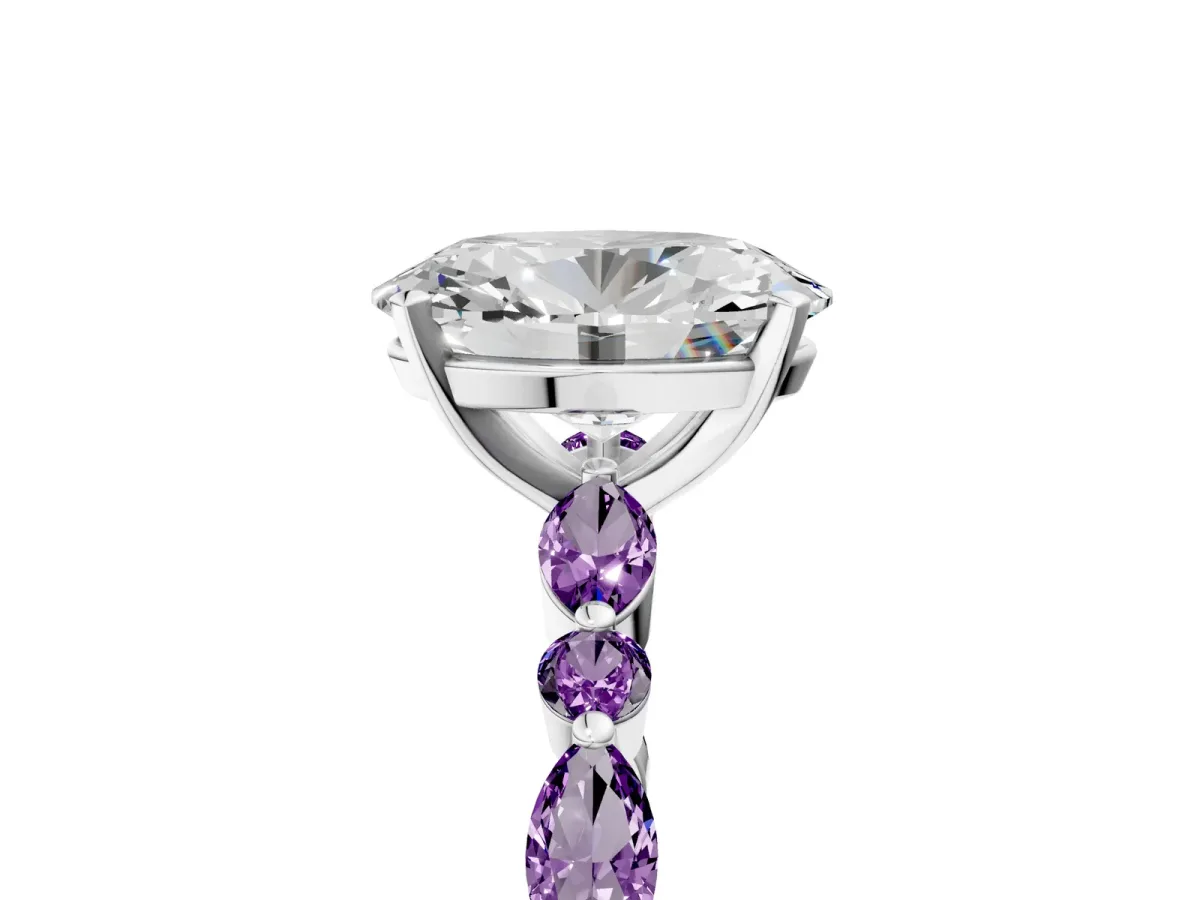 Oval Cut Diamond Ring with Marquise and Round Amethyst Side Stones and Four-Prong Setting Silver