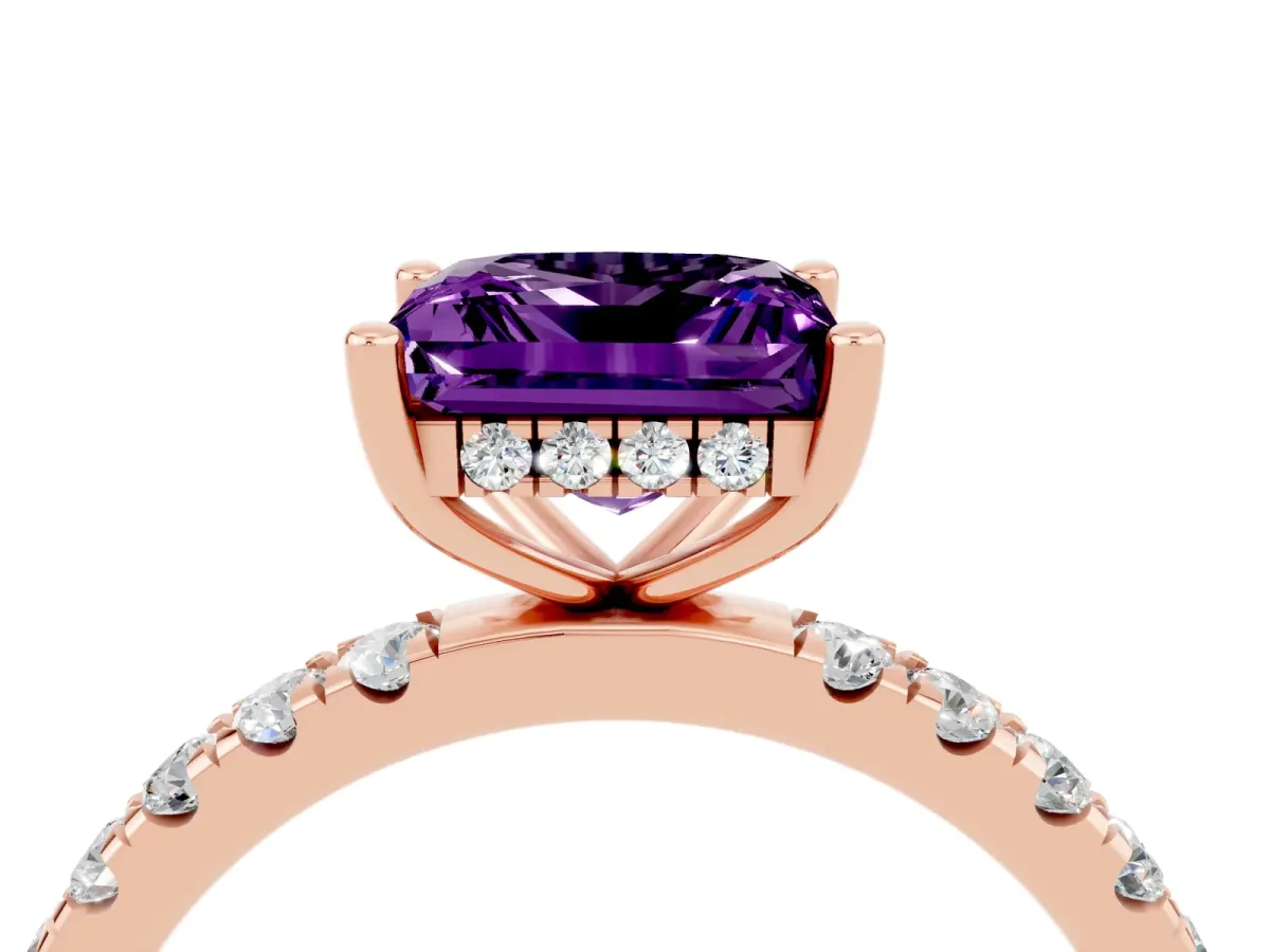 Princess Cut Amethyst Pave Band Solitaire Ring with Round and Prong Setting Rose gold