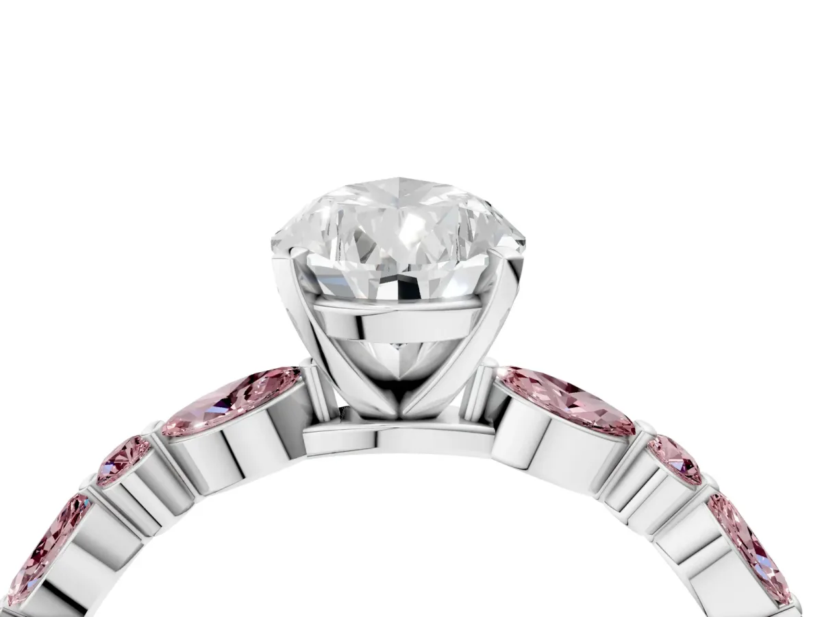 Pear Cut Diamond Ring with Marquise and Round Morganite Side Stones and Four-Prong Setting Silver