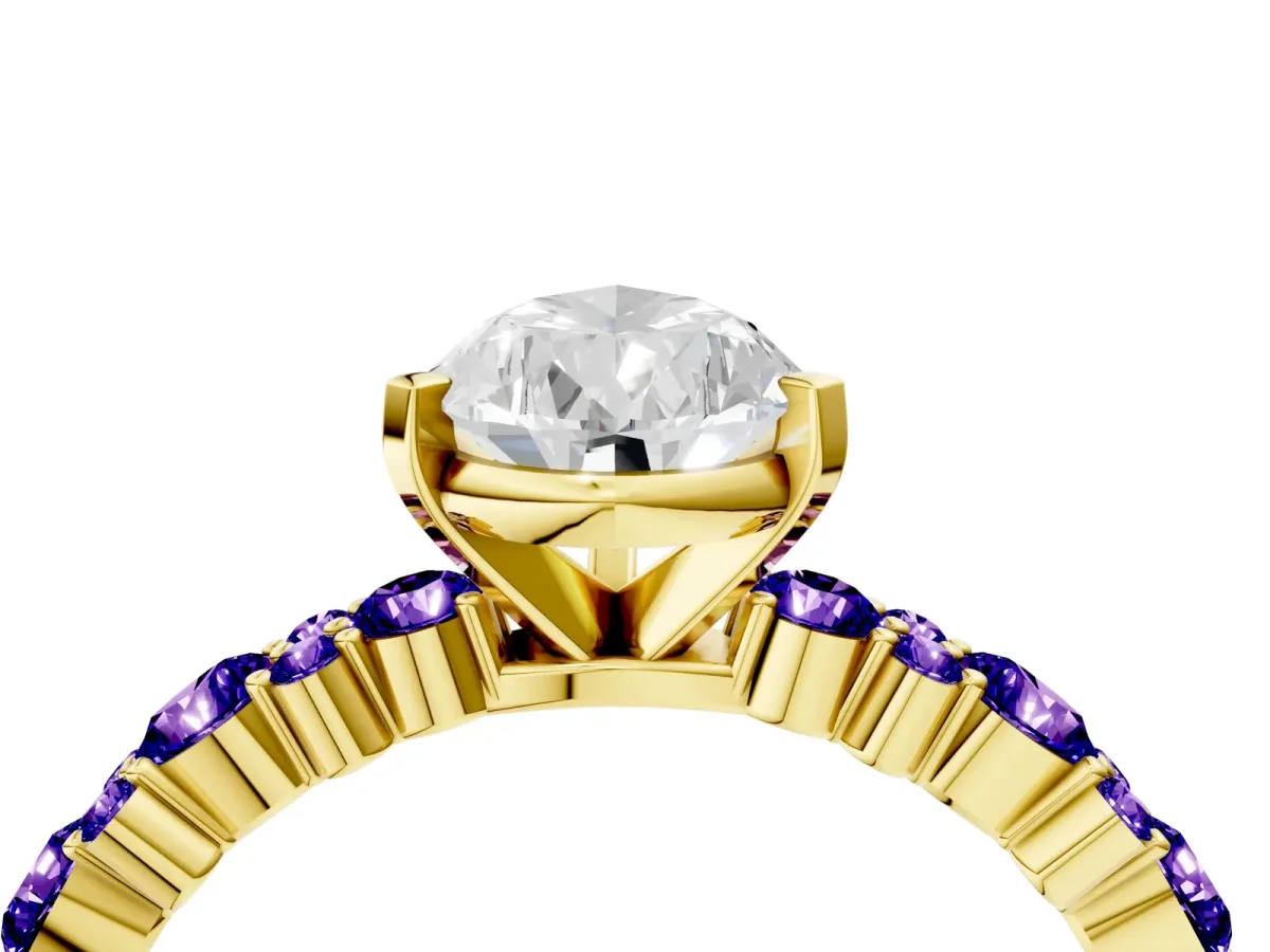 Pear Cut Diamond Side Stone Solitaire Ring with Round Tanzanite and Four-Prong Setting Yellow gold