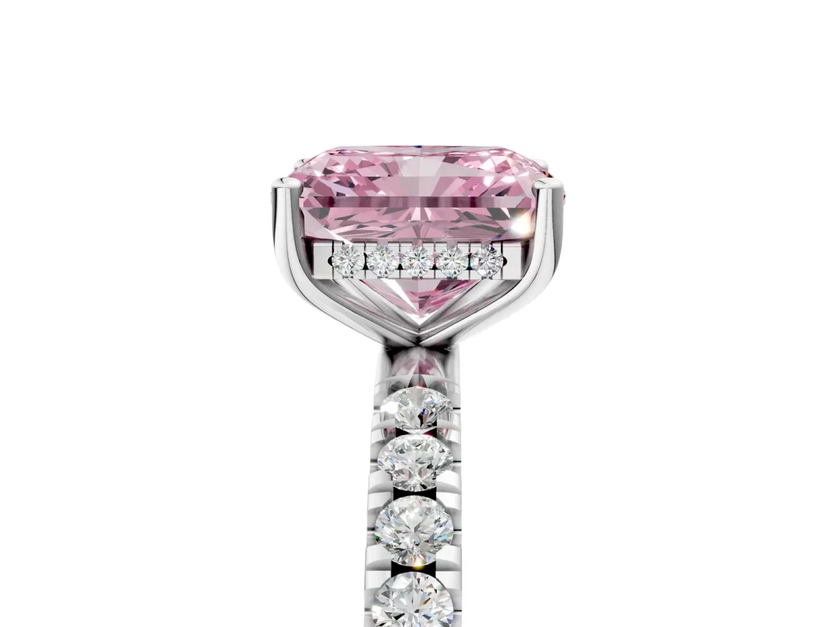 Fancy Pink Radiant Cut Diamond Pave Band Solitaire Ring with Round and Prong Setting Platinum
