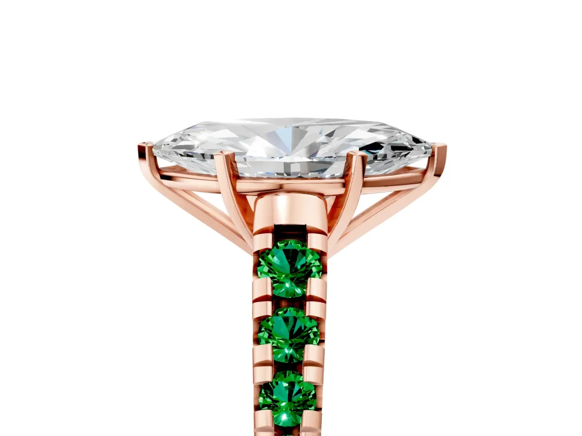 Marquise Cut Diamond Cathedral Solitaire Ring with Round Emerald Pavé Band Rose gold