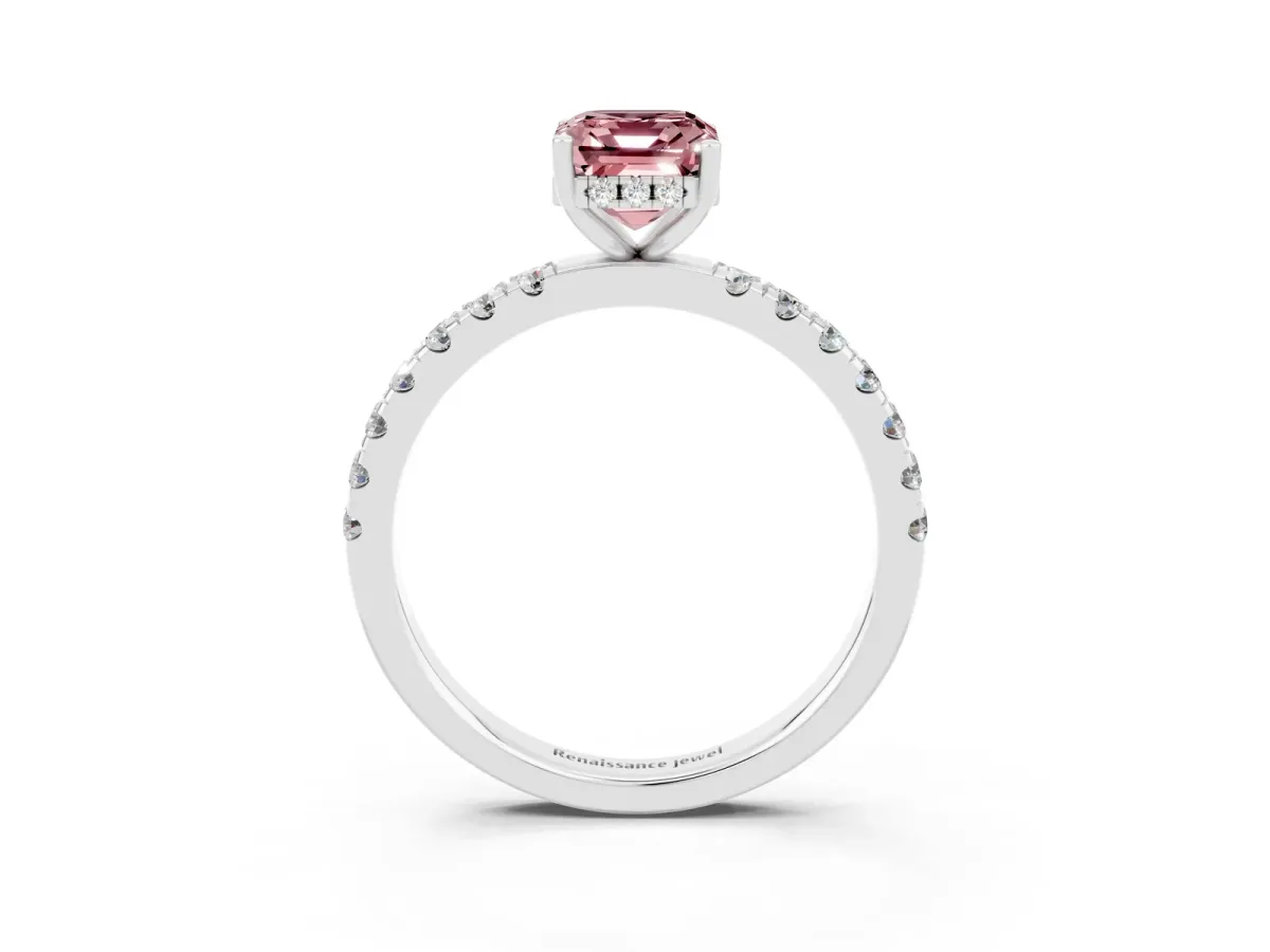 Emerald Cut Morganite Pave Band Solitaire Ring with Round and Prong Setting Platinum