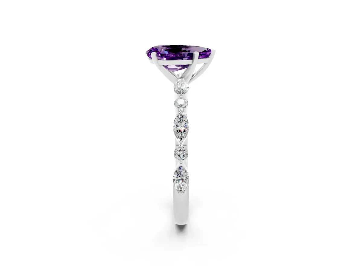Pear Cut Amethyst Ring with Marquise and Round Side Stones and Four-Prong Setting Silver