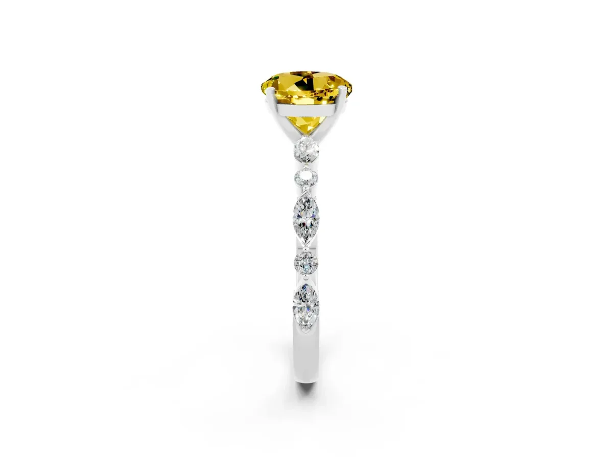 Round Cut Yellow Sapphire Ring with Marquise and Round Side Stones and Four-Prong Setting Silver