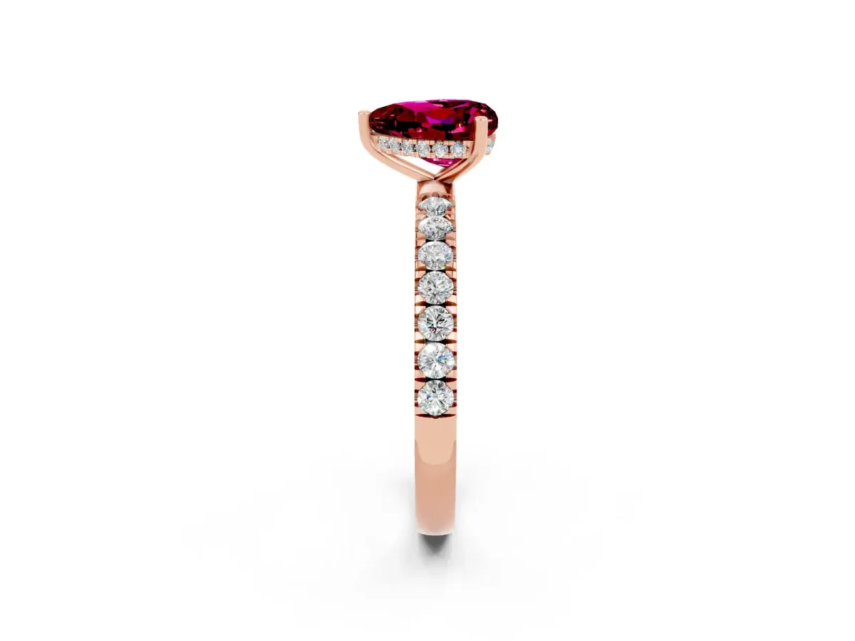 Heart Cut Garnet Pave Band Solitaire Ring with Round and Prong Setting Rose gold