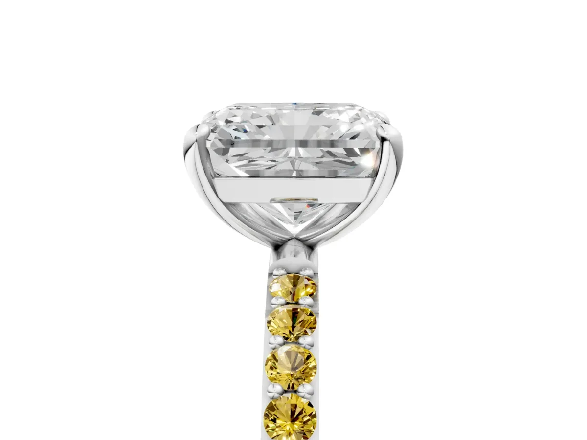Radiant Cut Diamond Solitaire Ring with Round Yellow Sapphire Pavé Band and Prong Setting Silver