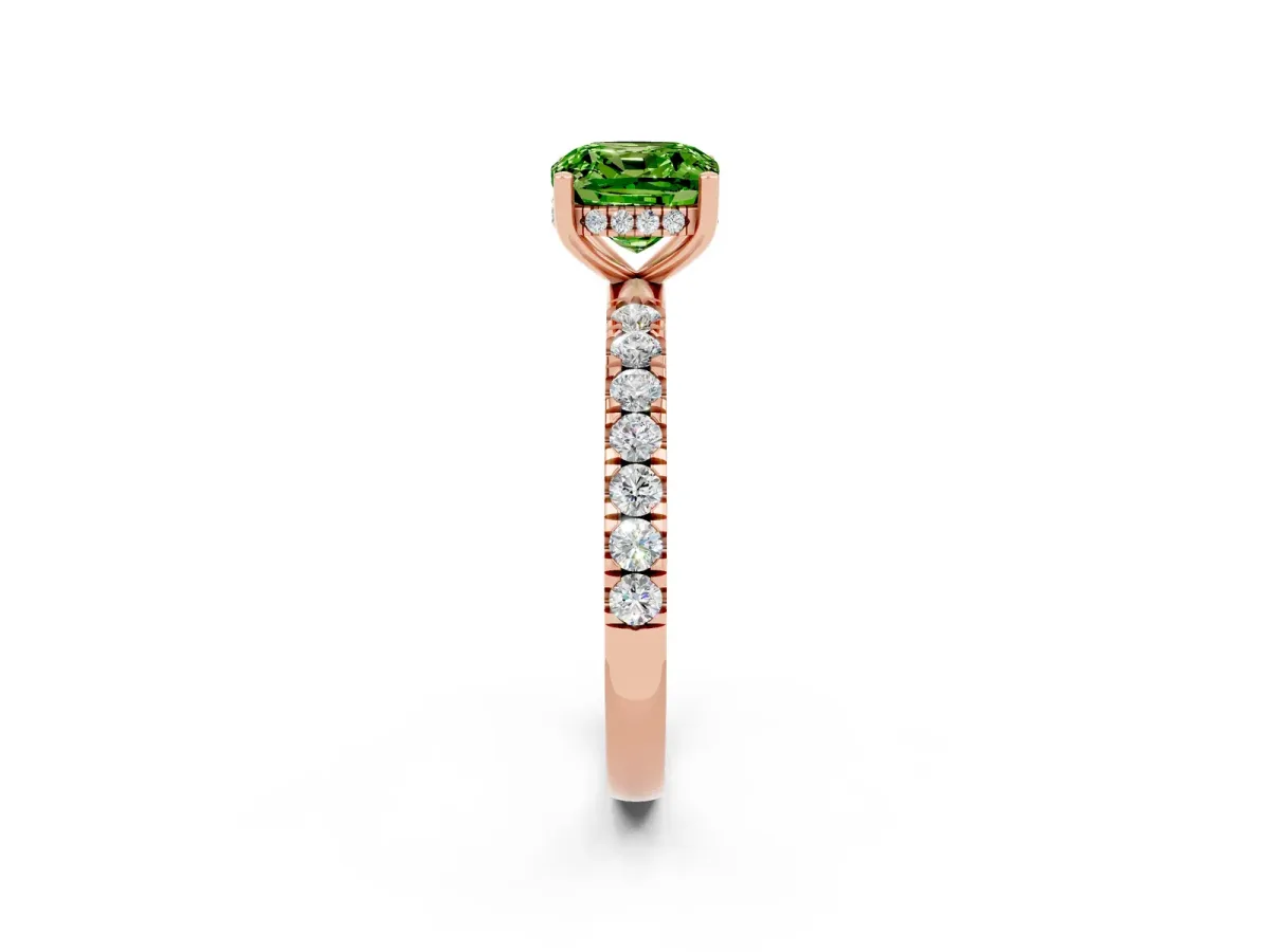 Cushion Cut Peridot Pave Band Solitaire Ring with Round and Prong Setting Rose gold