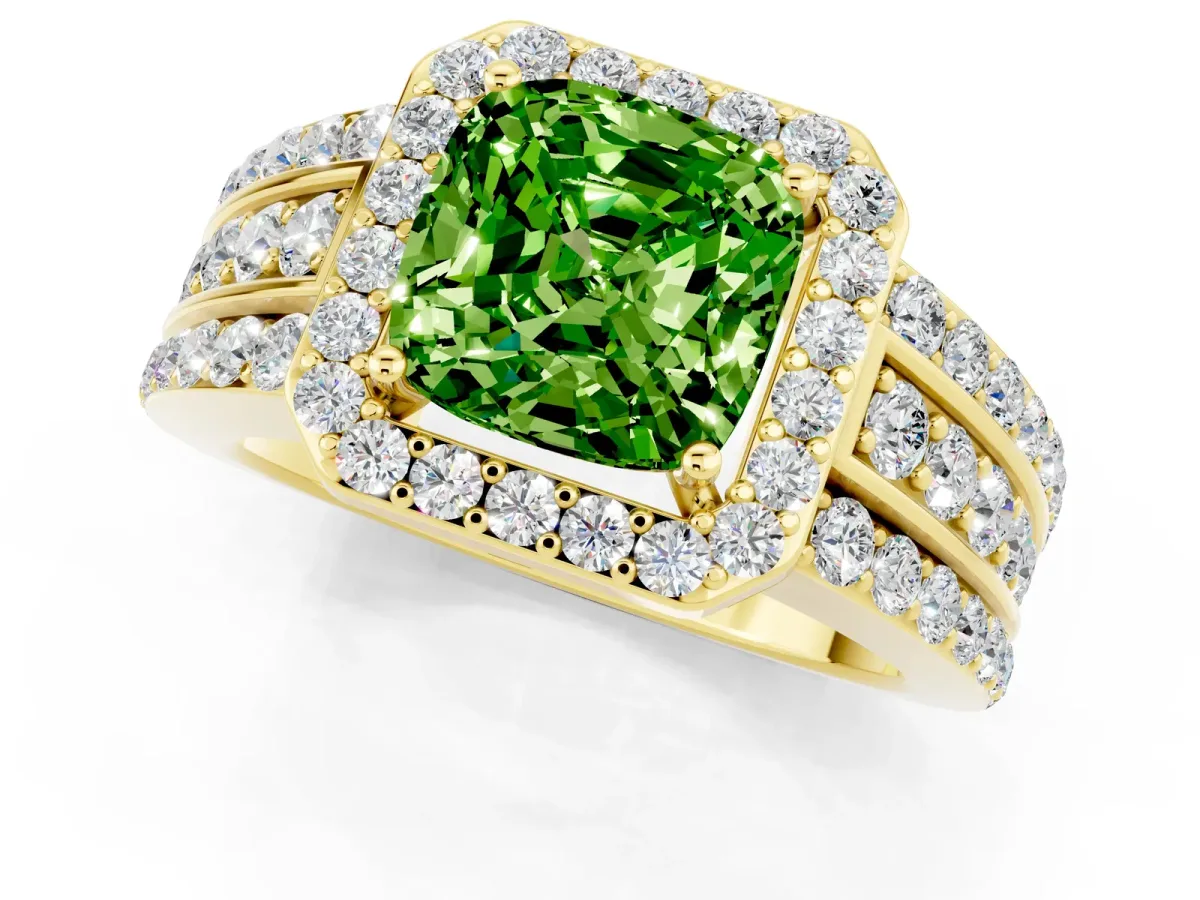 Cushion Cut Halo Peridot Ring with Round Split Shank and Prong Setting Yellow gold