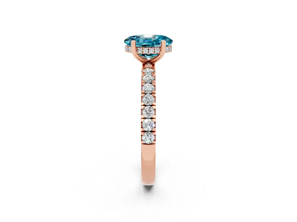 Oval Cut Blue Topaz Pave Band Solitaire Ring with Round and Prong Setting Rose gold