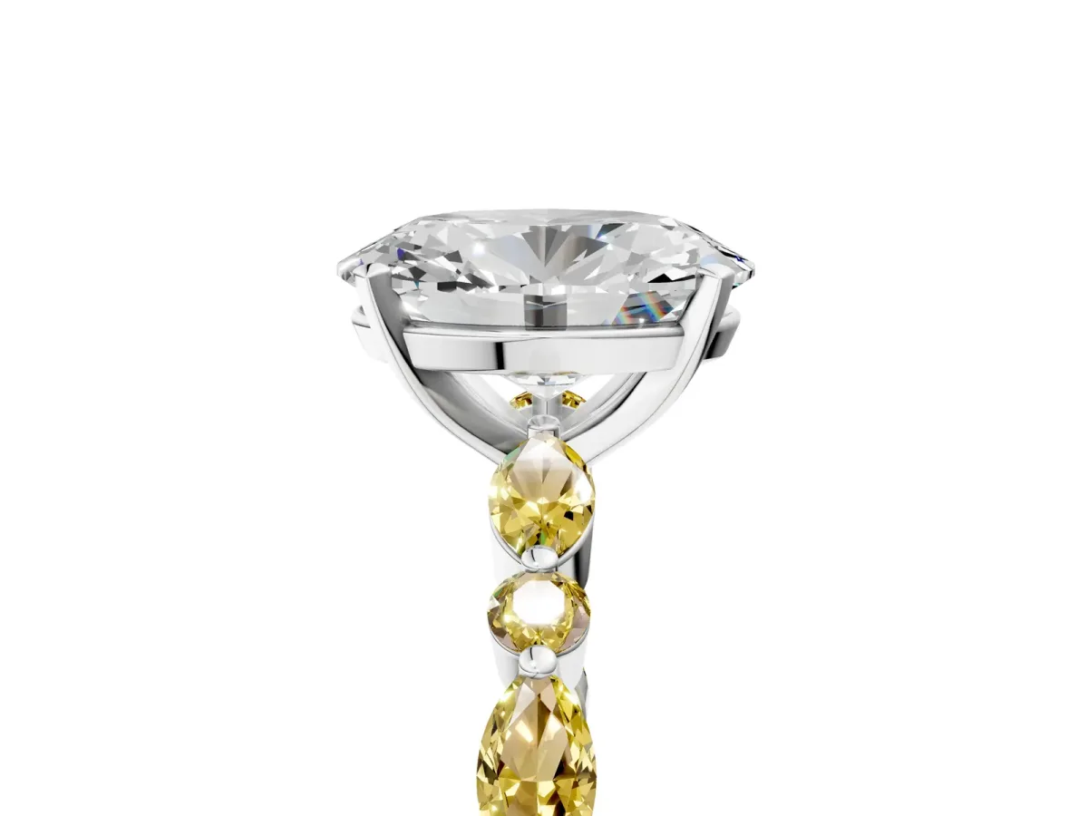 Oval Cut Diamond Ring with Marquise and Round Yellow Sapphire Side Stones and Four-Prong Setting Silver