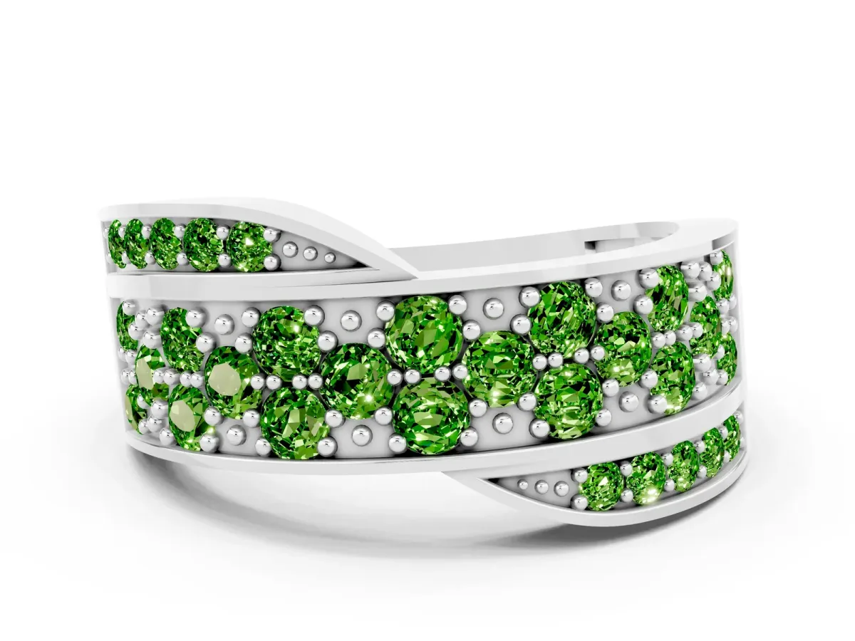 Pavé Round Peridot Crossover Band with Bead Prong Setting Silver