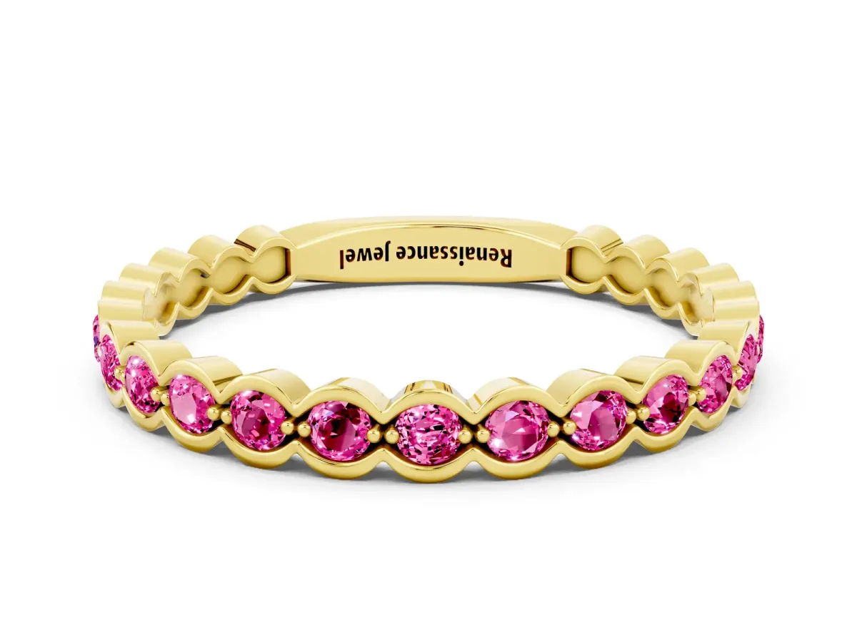 Round Pink Sapphire Bezel Set Eternity Band Yellow gold