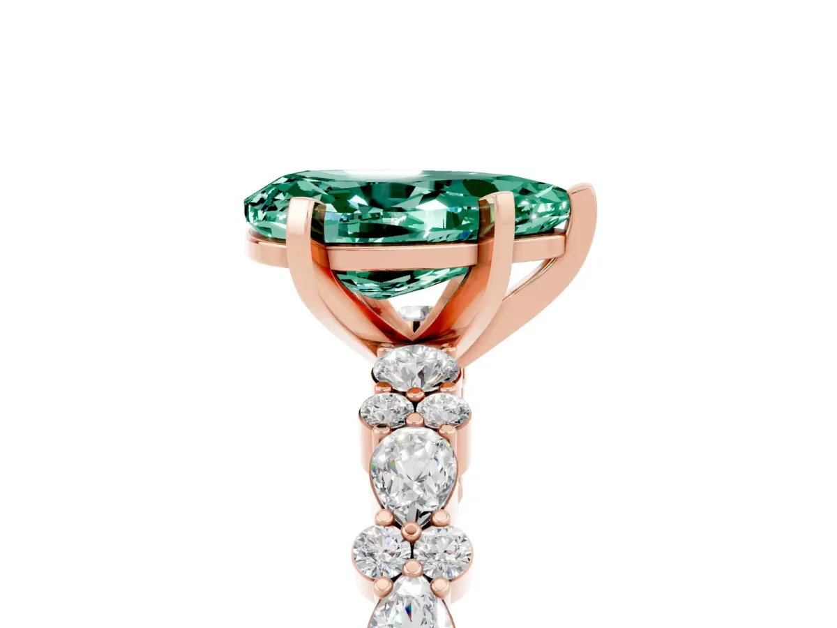 Pear Cut Green Sapphire Side Stone Solitaire Ring with Round and Four-Prong Setting Rose gold