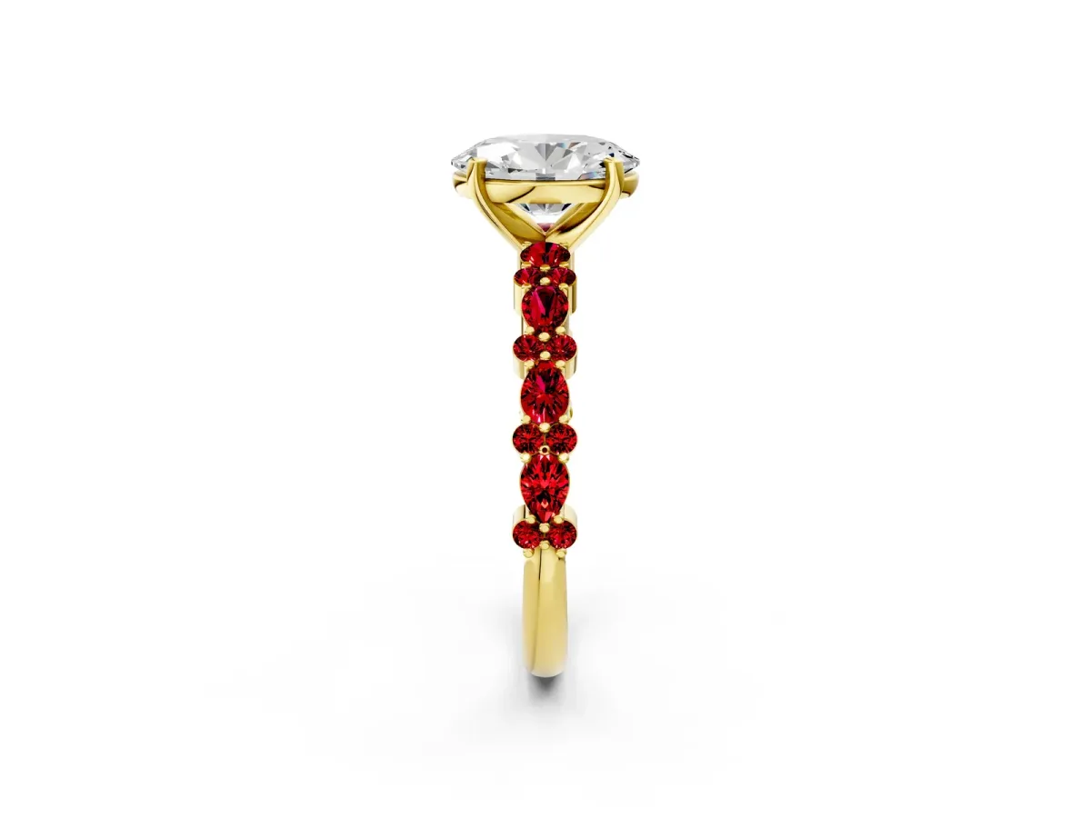 Oval Cut Diamond Side Stone Solitaire Ring with Round Ruby and Four-Prong Setting Yellow gold