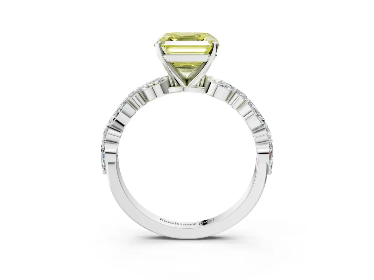 Fancy Yellow Asscher Cut Diamond Ring with Marquise and Round Side Stones and Four-Prong Setting Platinum