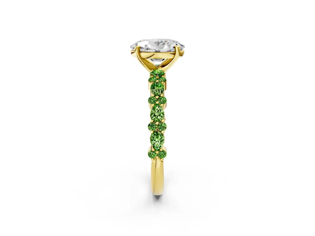 Oval Cut Diamond Side Stone Solitaire Ring with Round Peridot and Four-Prong Setting Yellow gold