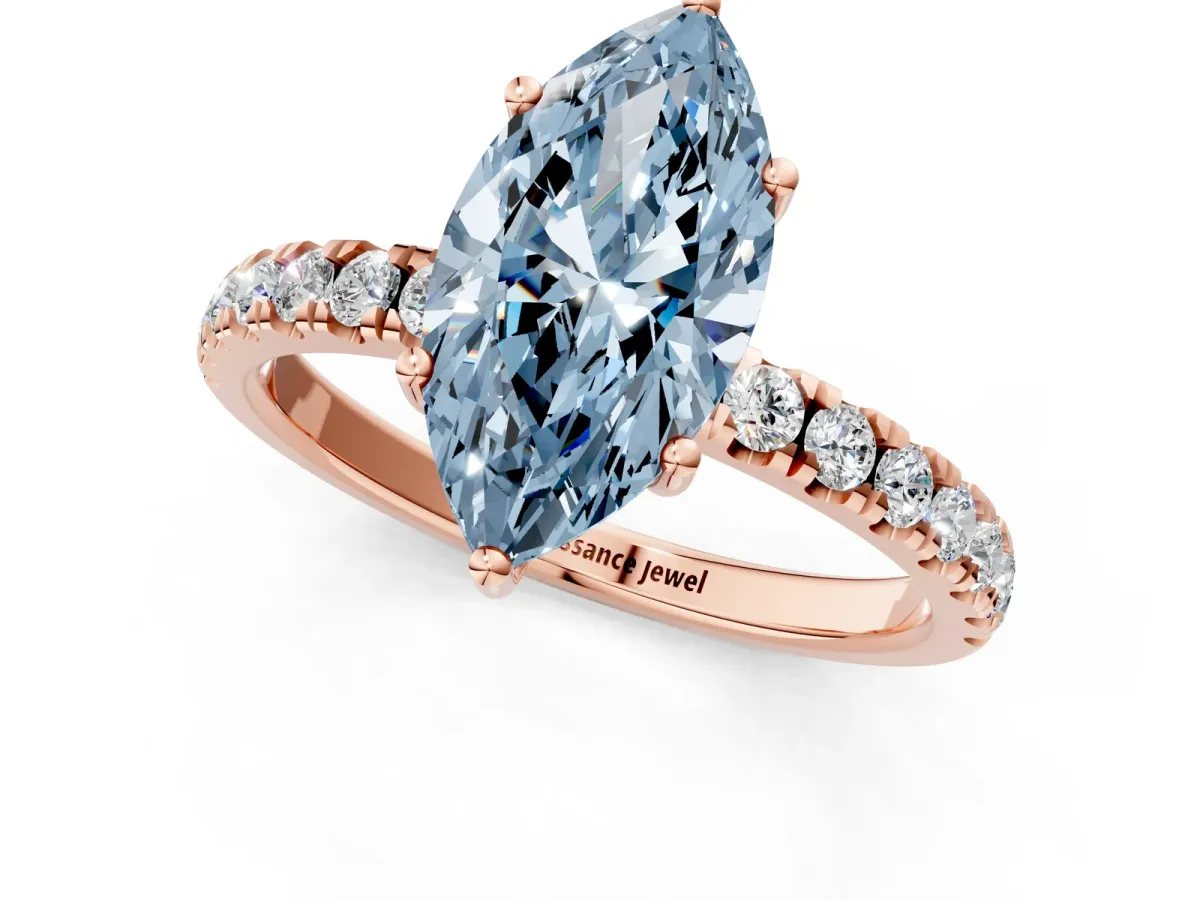Fancy Blue Marquise Cut Diamond Pave Band Solitaire Ring with Round and Prong Setting Rose gold