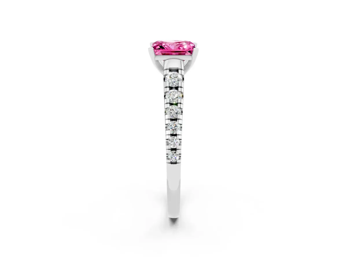 Princess Cut Pink Sapphire Cathedral Solitaire Ring with Round Pavé Band Platinum
