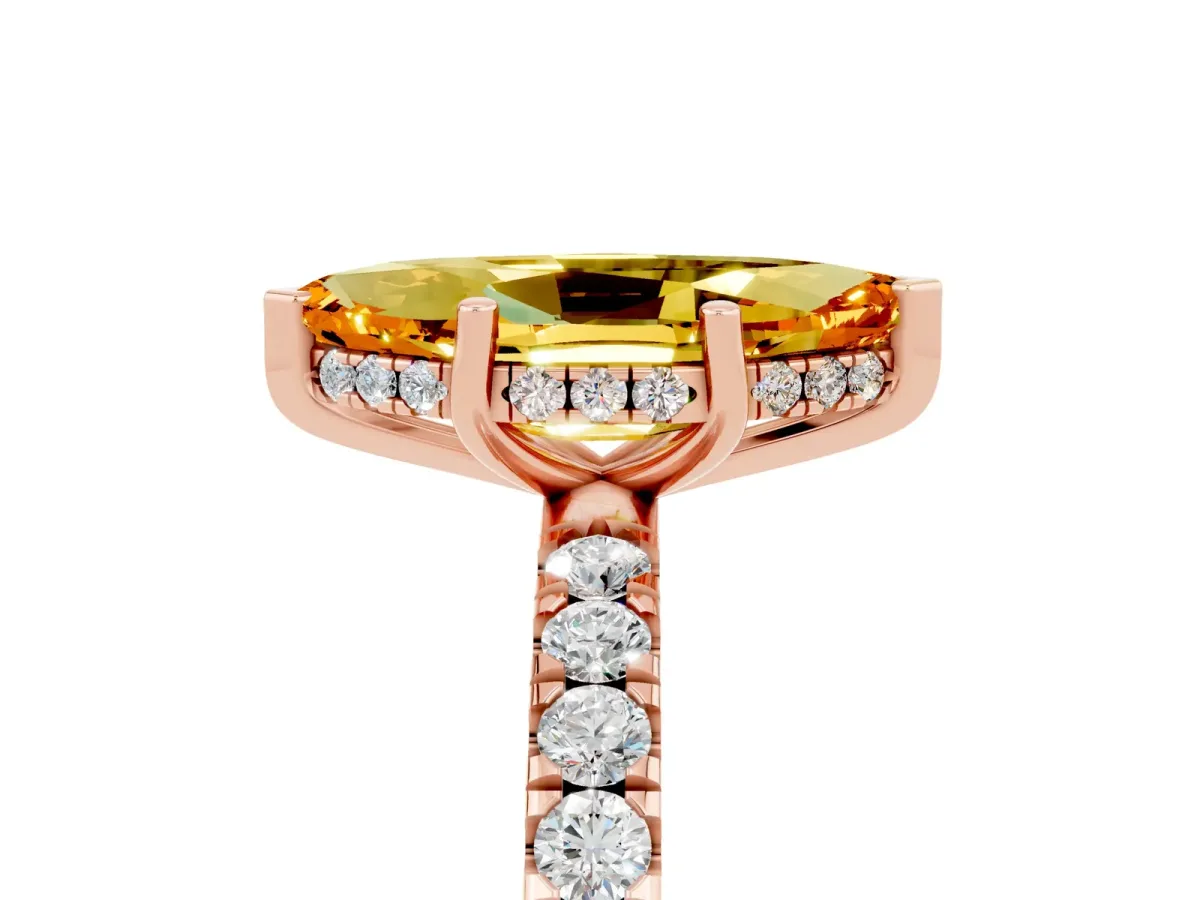 Marquise Cut Citrine Pave Band Solitaire Ring with Round and Prong Setting Rose gold