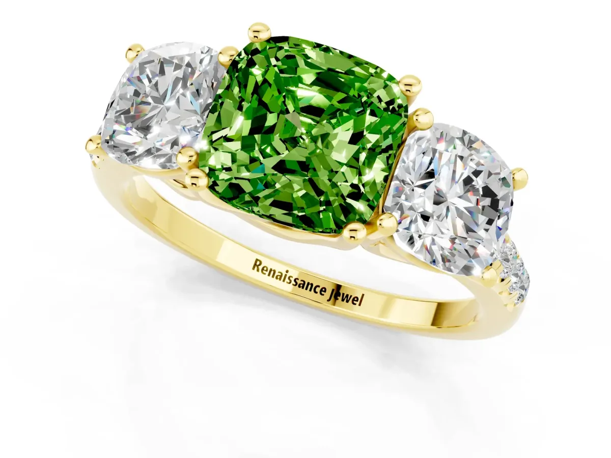 Three-Stone Cushion Cut Peridot Ring with Round Pavé Band and Prong Setting Yellow gold