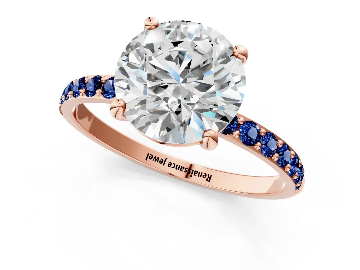 Round Cut Diamond Solitaire Ring with Round Blue Sapphire Pavé Band and Prong Setting Rose gold