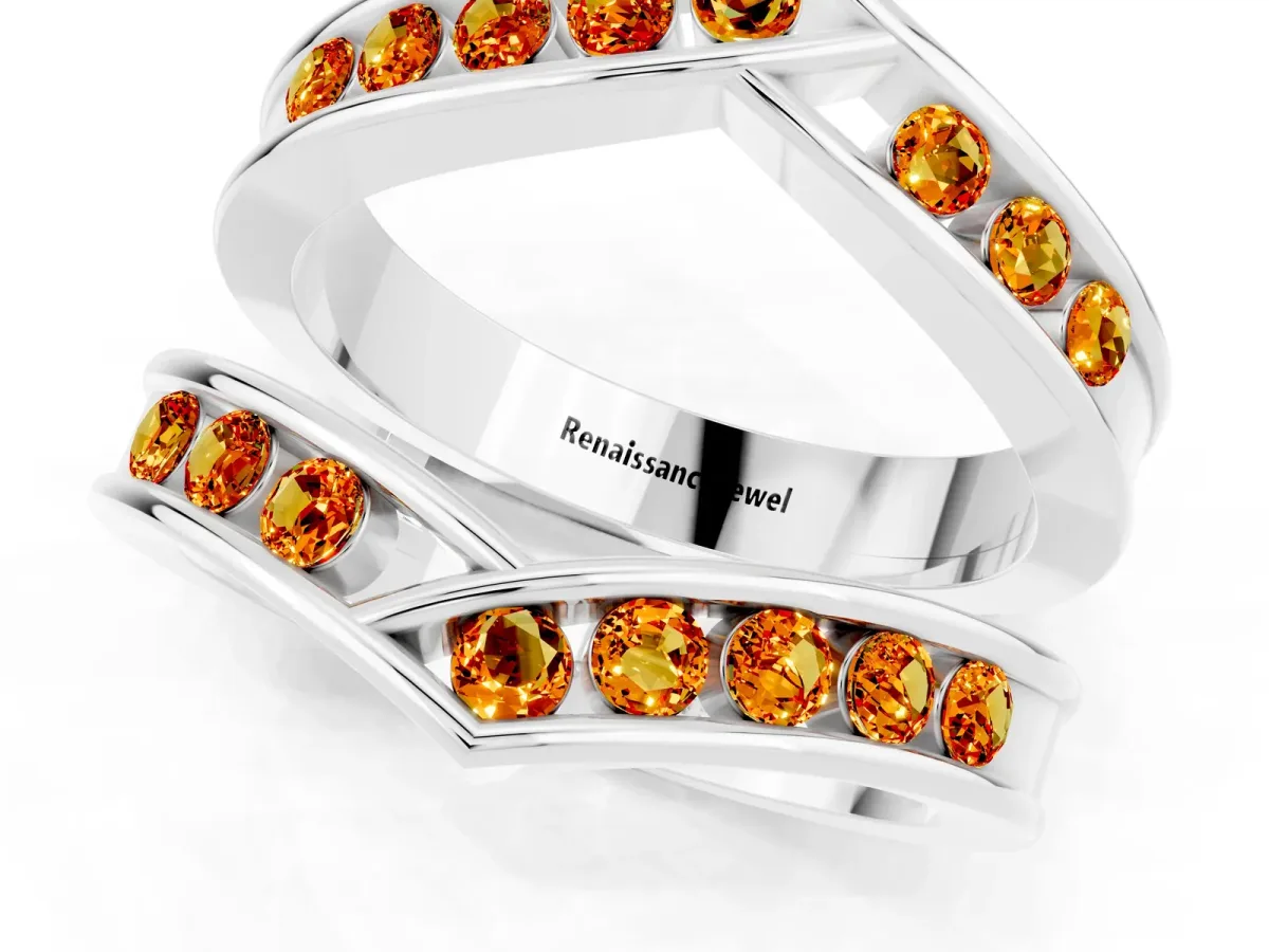 Round Citrine Channel-Set Chevron Band Silver